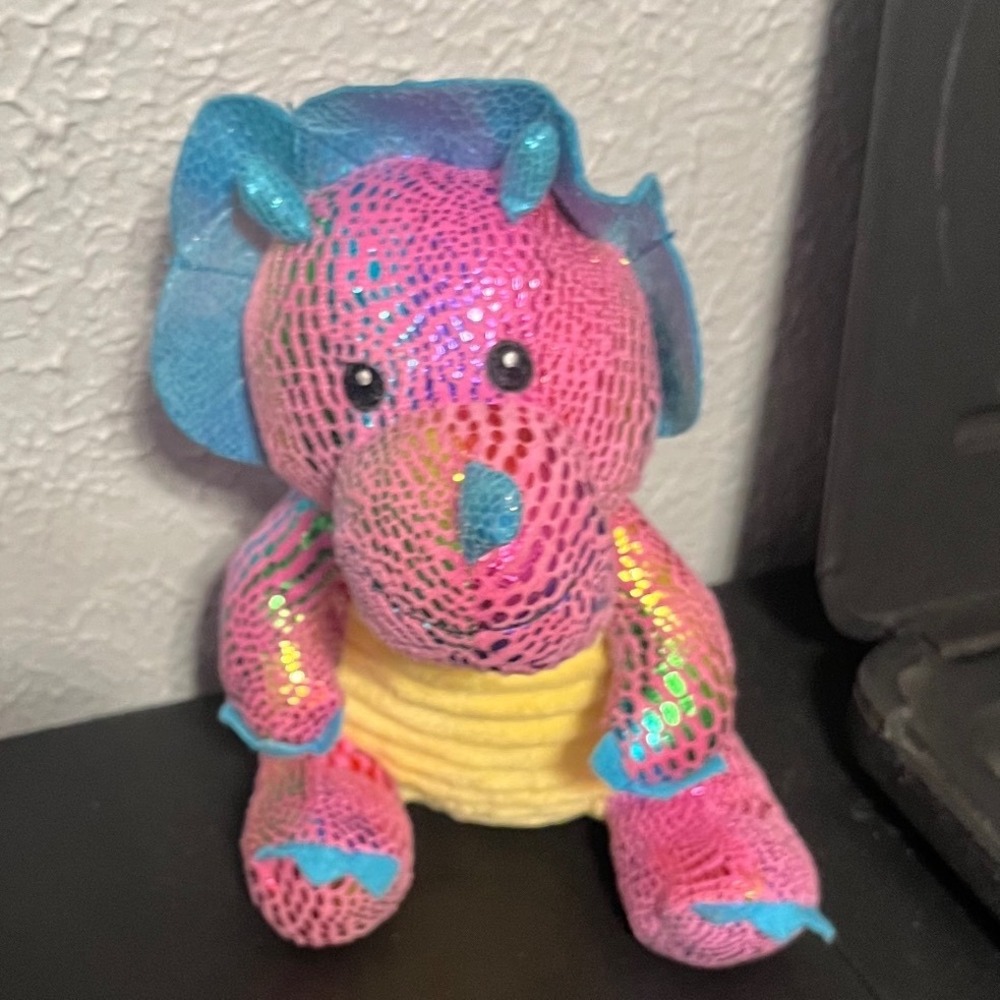 Midwood Brands Pink Triceratops Dinosaur Plush RainbowMetallic Scales Blue Frill